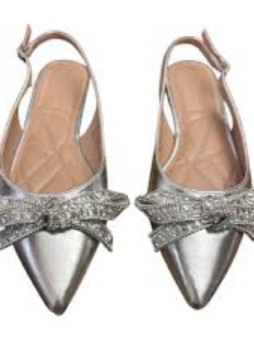 BCBGeneration “Katly” Metallic Silver Rhinestone Pointed Slingback Flats
